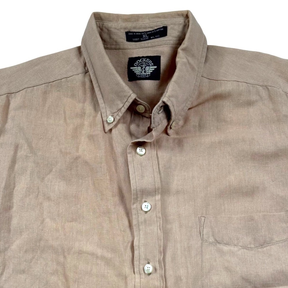 Dockers Button Down Shirt Mens XL Tan Linen Cotton Blend Short Sleeve Solid Vtg